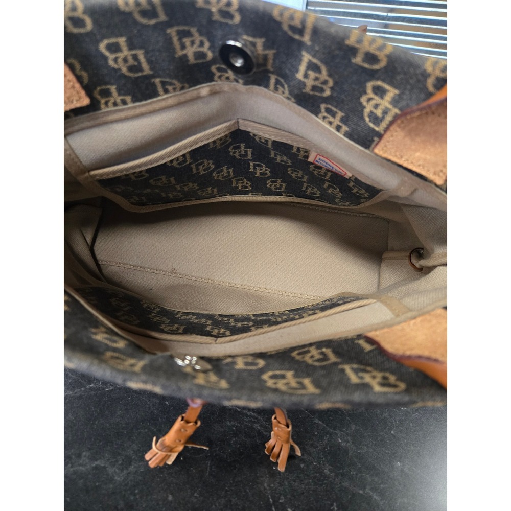 Dooney & Bourke Monogram Denim Canvas Leather Tassel Drawstring Tote Bag OS - Picture 7 of 9